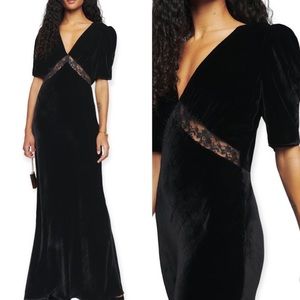 Reformation Malaga Velvet Maxi Dress Lace Details Short Sleeve V-Neck Black